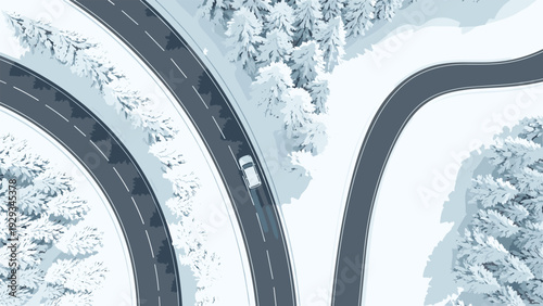 aerial view of a car driving on a curved road through a snowy winter forest landscape in flat vector style