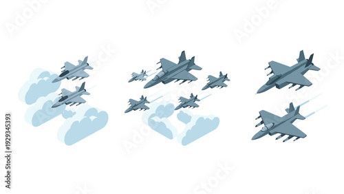 group of military fighter jets flying in different formations hand drawn illustration