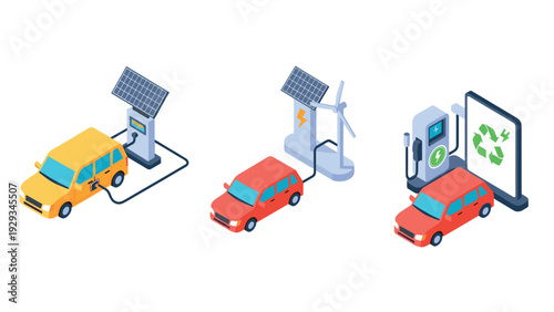 isometric electric cars charging stations with solar panel wind turbine and eco friendly energy symbols
