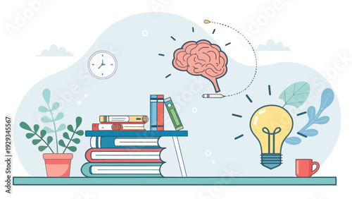 Study time flat lay design with books brain and light bulb concept for education and creativity