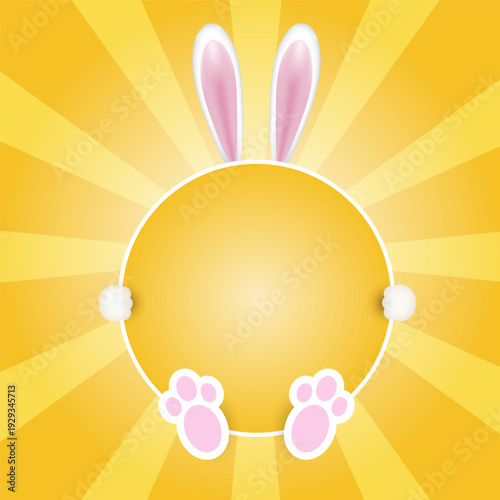 Cute Easter background with bunny holding a blank circular frame 