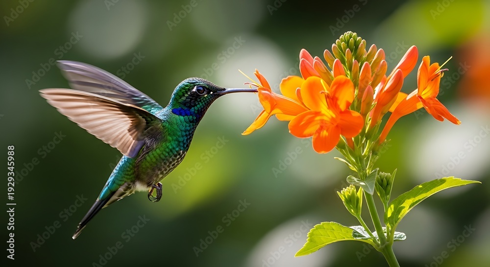 Fototapeta premium Brilliant iridescent hummingbird feeds from vibrant orange blossoms in bright natural light