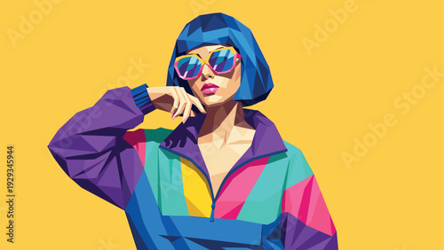 young woman with blue bob haircut and colorful sunglasses wearing a vibrant geometric style jacket modern pop art illustration