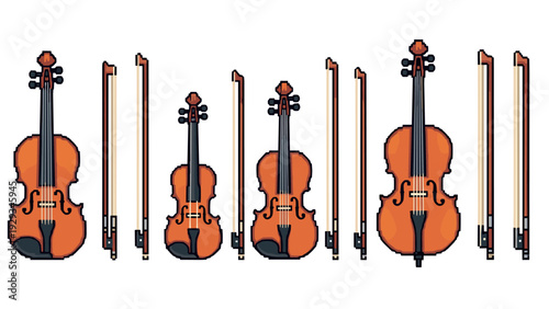 set of hand drawn pixel art violins and bows collection of string instrument icons