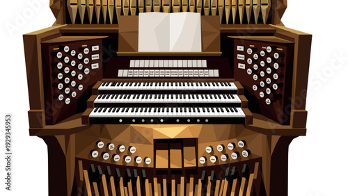 detailed digital illustration of a classic pipe organ console with keyboards and pedalboard in geometric style