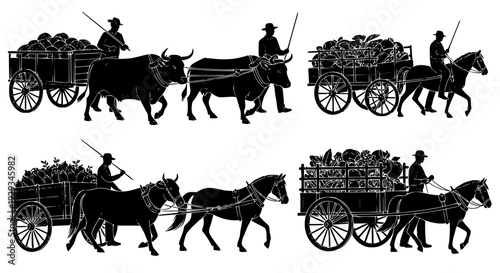 Rural Farming Transportation Silhouette Set with Oxen and Horse Wagons Carrying Crops