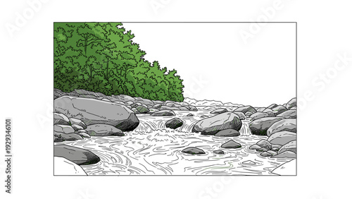 river flowing over rocks with green trees hand drawn nature landscape illustration