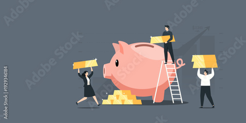 People carrying gold bars to put into a large piggy bank, financial planning, saving and investment growth.
