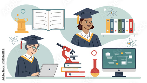 Graduation poster layout with students books laptop microscope and education elements on a clean background