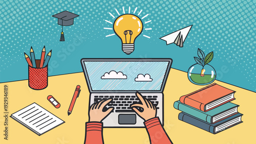 Online learning concept with hand using laptop on desk with books and stationery