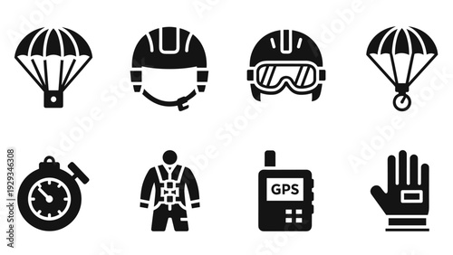 parachuting equipment icons set in black silhouette style with helmet goggles jumpsuit gps stopwatch and gloves
