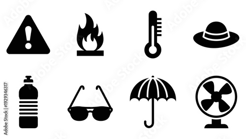 set of black silhouette summer and weather icons with warning fire thermometer hat water bottle sunglasses umbrella and fan