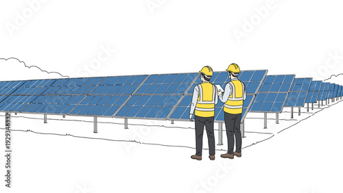 two engineers inspecting solar panels in a solar farm hand drawn vector illustration