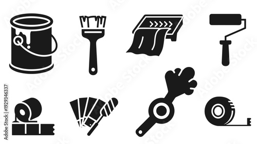 set of painting and decorating tools icons in black silhouette style for home improvement and design