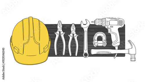 construction helmet and hand drawn tools set with drill wrench hammer and pliers on wooden plank