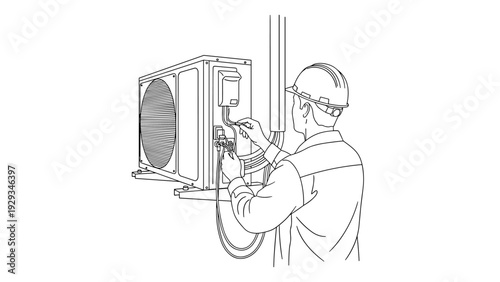 technician servicing air conditioning unit hand drawn line art illustration