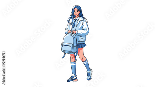 Anime style illustration of a young girl wearing a blue school uniform and holding a large backpack for class.