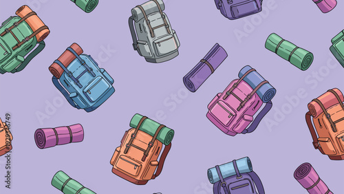 Seamless pattern of colorful hiking backpacks and sleeping mats for camping and outdoor adventure on purple background.