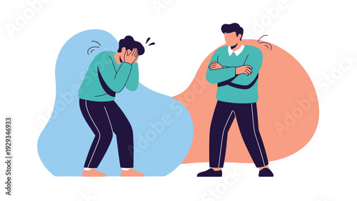 Illustration of a conflict between two men showing one person in distress while the other stands with arms crossed.