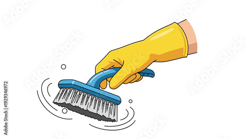 Hand wearing a yellow protective glove holding a blue scrub brush for household cleaning and sanitation tasks.
