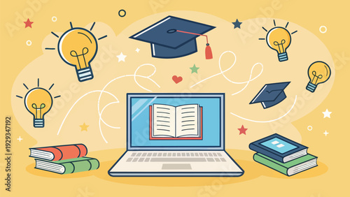 E learning and knowledge growth concept with laptop books graduation caps and light bulbs on yellow background