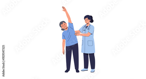 Senior woman stretching arm with doctor during physical therapy