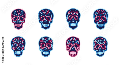 set of neon sugar skull icons hand drawn in colorful style for day of the dead celebration
