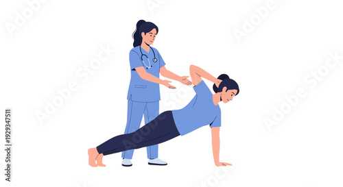Woman performing a plank exercise guided by a medical professional