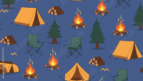 Adventurous seamless pattern with camping tents campfires folding chairs and pine trees in a mountain forest.