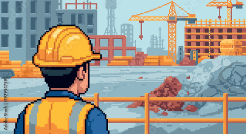 construction worker in safety helmet and vest watching building site pixel art style