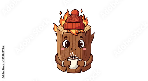 Cartoon Tree Stump Character Drinking Coffee.