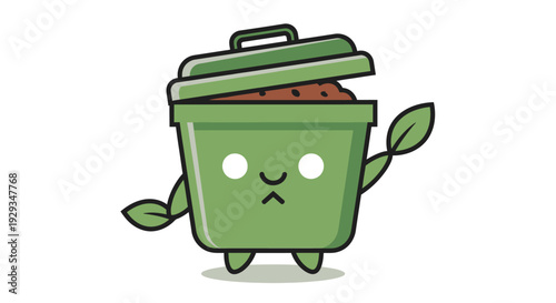 Cartoon Trash Can Character with Leaves.
