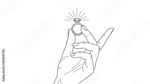 Minimalist line art illustration showing a hand holding up a sparkling diamond engagement ring to celebrate a marriage proposal or gift.
