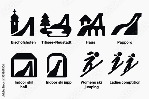 set of black ski jumping icons and symbols in minimalist style with location and competition labels