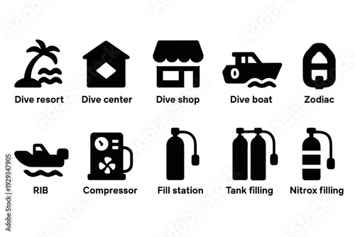 set of hand drawn dive icons including dive resort center shop boat zodiac rib compressor fill station tank filling and nitrox filling