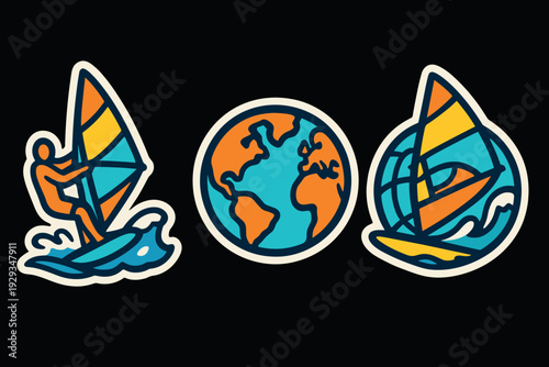 set of hand drawn windsurfing and globe icons colorful illustration