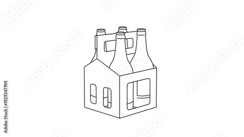 Simple black and white line drawing of a cardboard beer carrier holding four glass bottles for beverage packaging and retail display.
