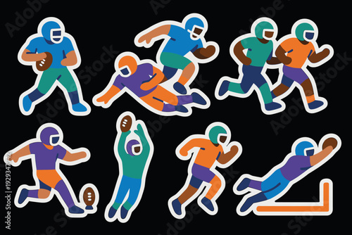 set of hand drawn colorful american football players in various action poses simple flat vector illustration