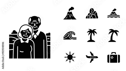 set of travel and vacation icons with elderly couple in black silhouette style