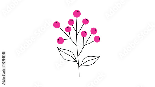 Simple botanical drawing of a green branch with multiple bright pink berries and small leaves isolated on a plain white background for art.