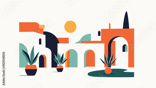 Minimalist vector illustration of a mediterranean coastal town with white buildings, orange arches, and potted plants under a bright sun.