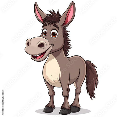 Happy cartoon donkey speaker smiling with expressive eyes and playful pose, cheerful animal clipart with motivational character design