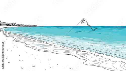 beach shoreline with kite flying over blue sea hand drawn landscape illustration