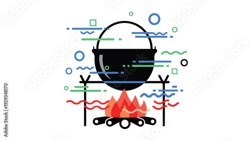 Creative flat icon of a black cooking pot hanging over a glowing campfire with colorful abstract shapes representing outdoor activities.