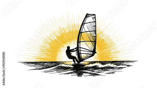 windsurfer silhouette on water with sunburst background hand drawn sketch style