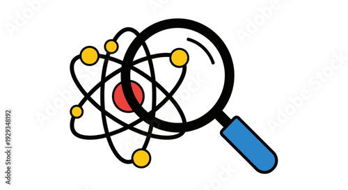 Magnifying glass over atomic model, science research and discovery concept