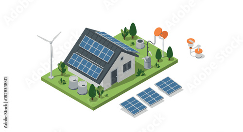 isometric house with solar panels wind turbine green energy modern technology illustration