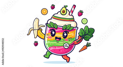 Colorful Smoothie Character with Fruits and Vegetables.