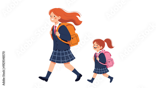 Happy mother and her young daughter wearing matching school uniforms and backpacks while walking together to school on a sunny morning.