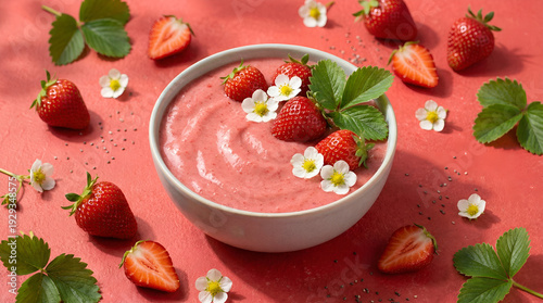 A vibrant bowl of creamy strawberry smoothie topped with fresh strawberries and delicate white blossoms, set against a rich red backdrop showcasing freshness and flavor.